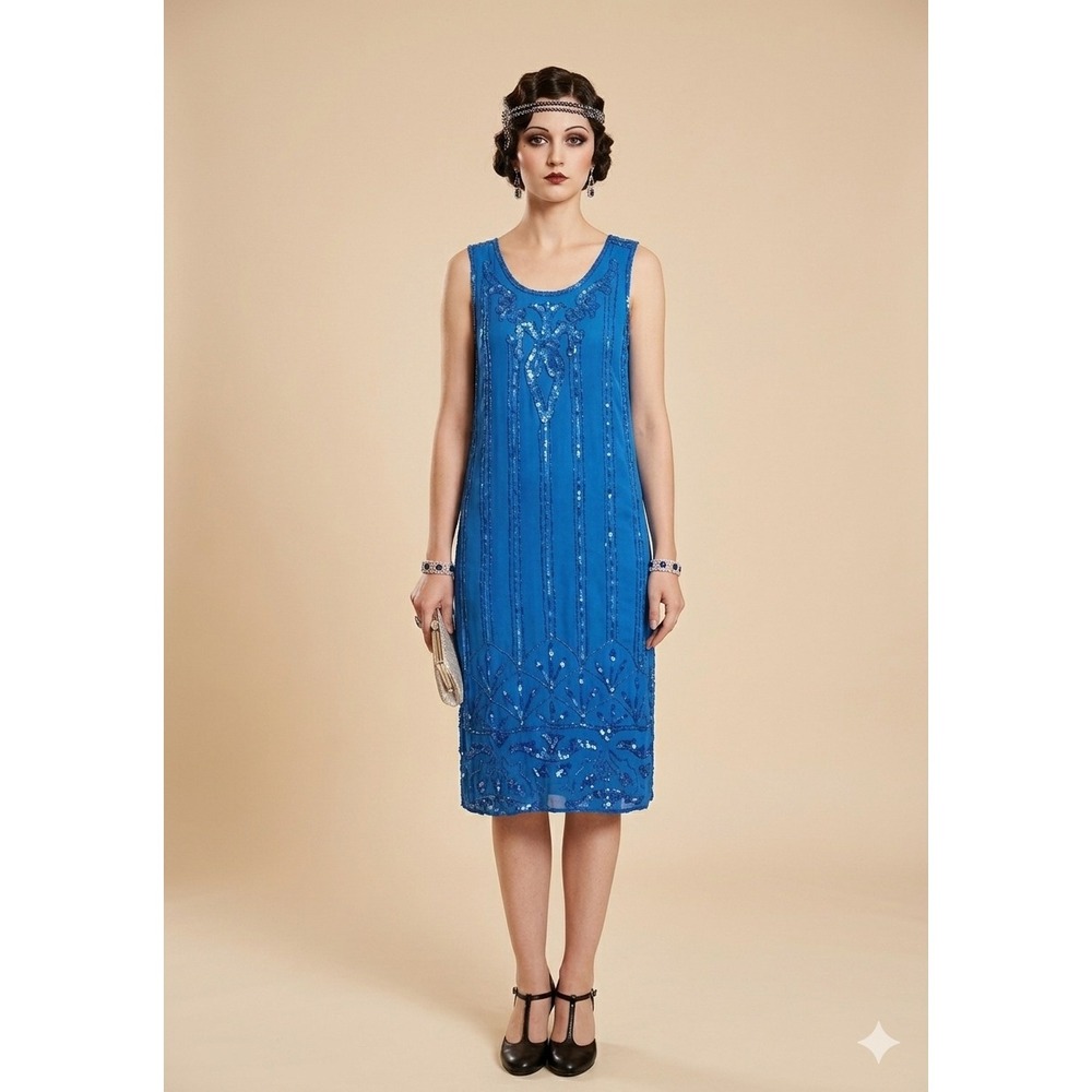 Jeanlott Vintage 80s does 20s Blue Silk Beaded Sequin Flapper Dress Sister Max S